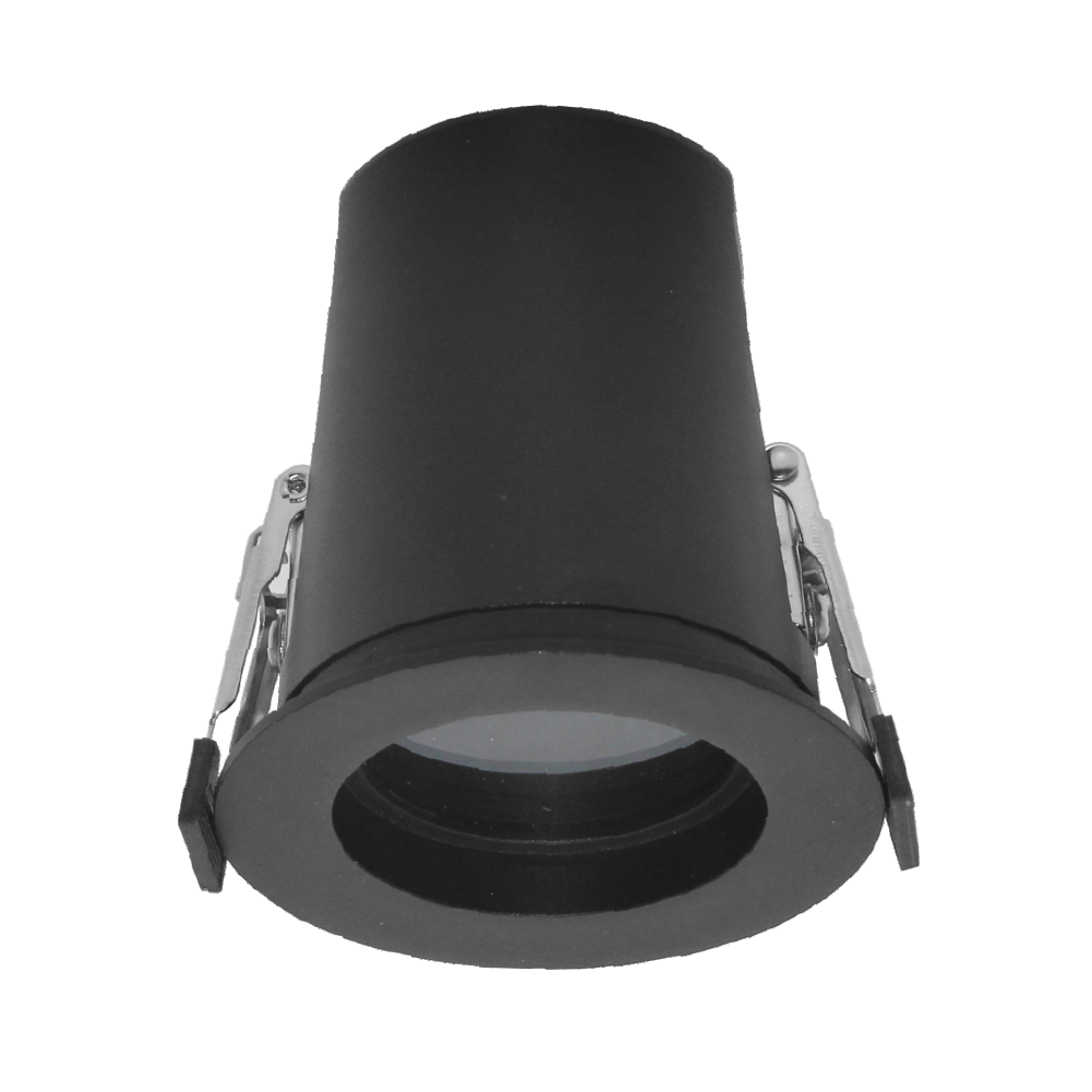 A white circular outdoor spotlight with a clear glass lens and metallic fixtures around the edge.