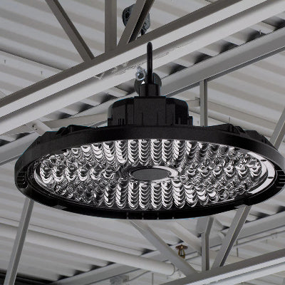 Ultralight LED High Bay Light with 5-Year Warranty (UTL-HD11) hanging from ceiling in industrial space lighting