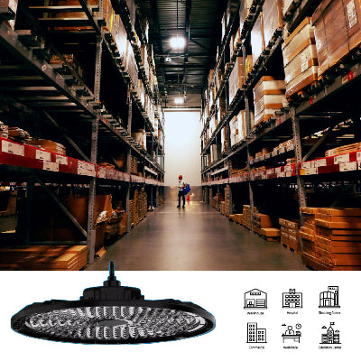 UltraLight LED High Bay Light with 5-Year Warranty (UTL-HD11) illuminating a large warehouse aisle.