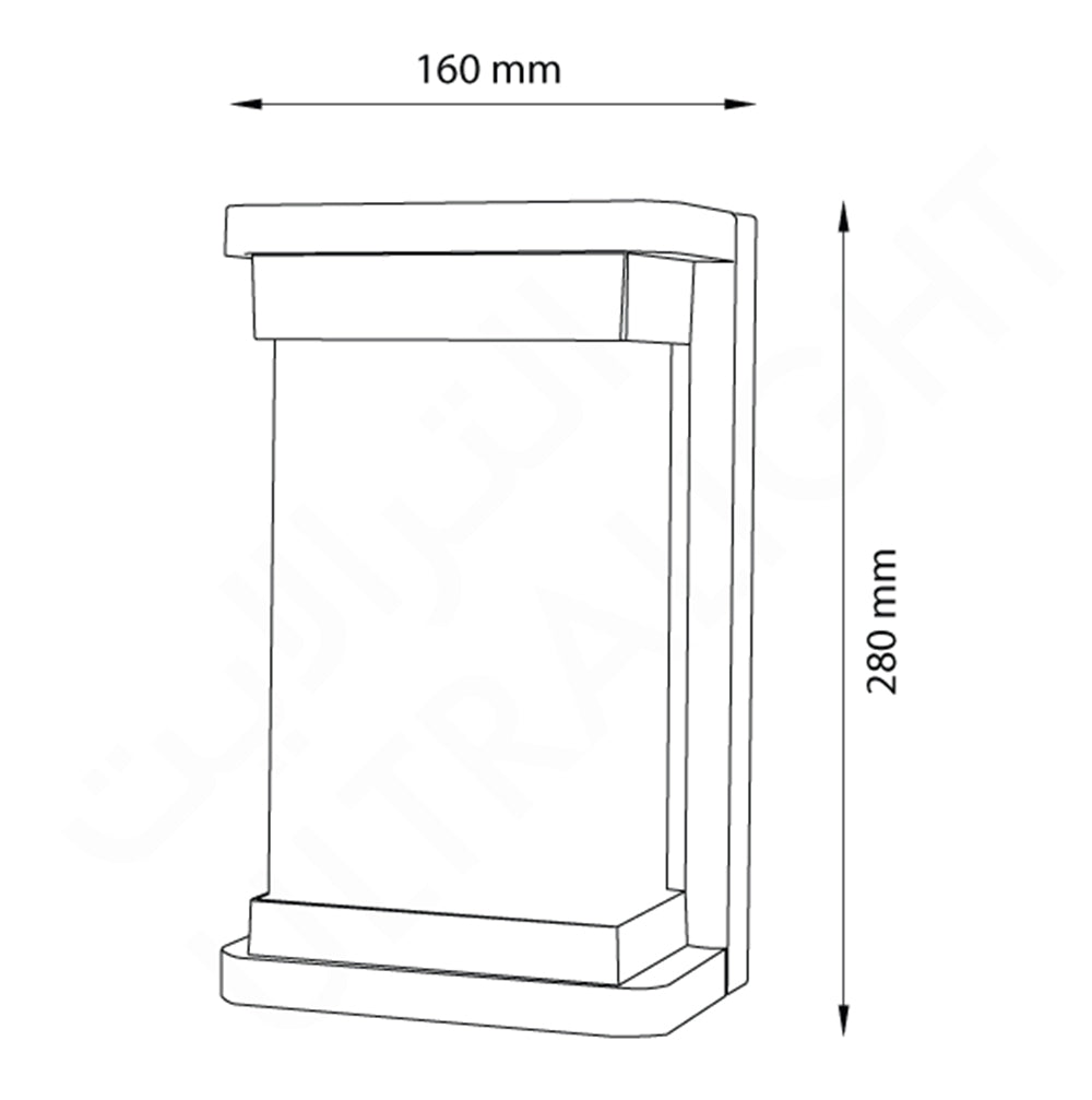 Line drawing of the Ultralight Modern Wall Light (ULT-1003) with dimensions 160mm width and 280mm height.