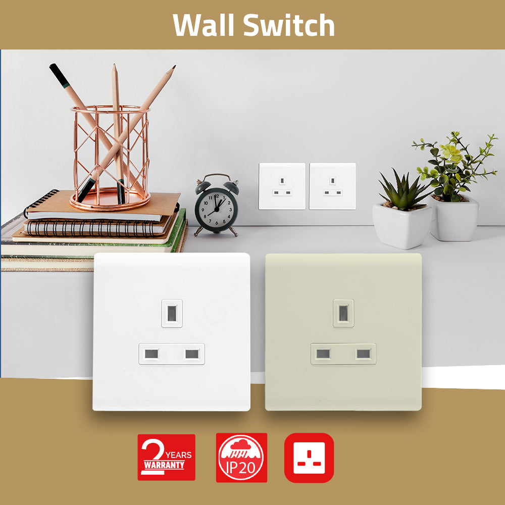 A white, double pole, wall mounted electrical socket