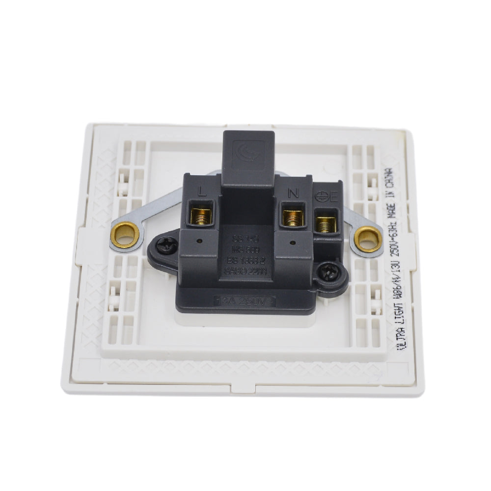 A white, double pole, wall mounted electrical socket