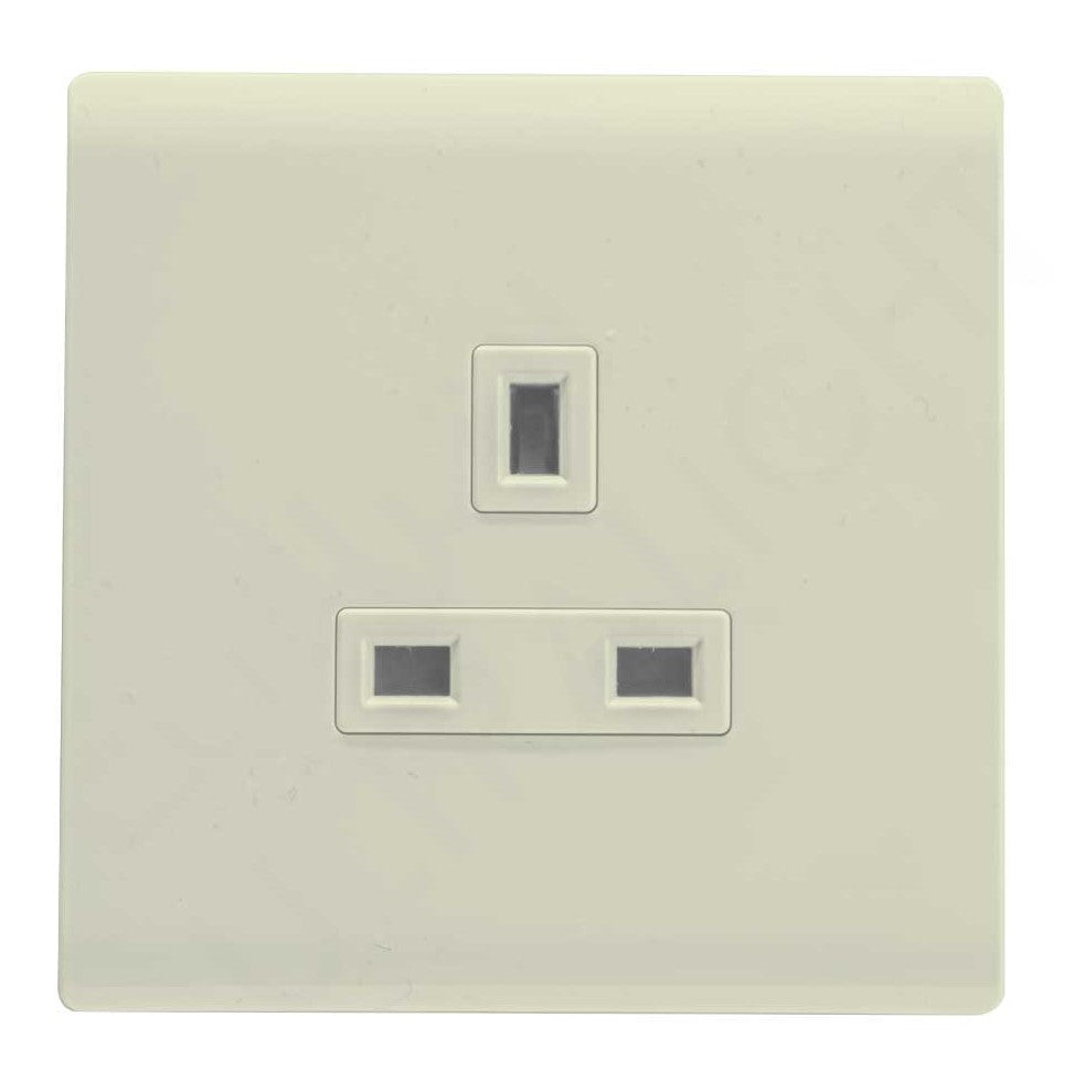 A white, double pole, wall mounted electrical socket