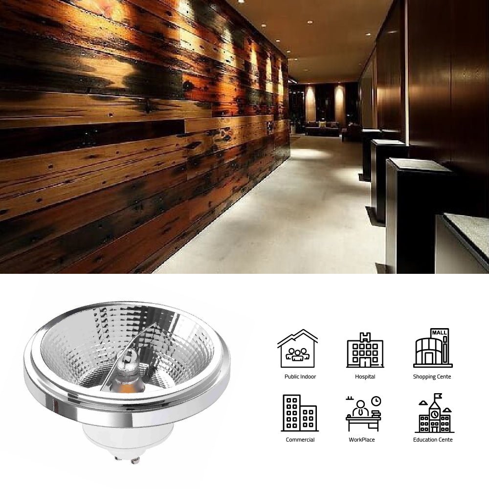 Modern interior design with wooden walls and a light fixture, featuring icons for different application scenarios.