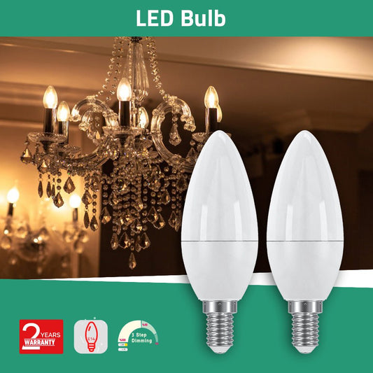 Two LED light bulbs with a chandelier in the background, featuring a warranty badge.