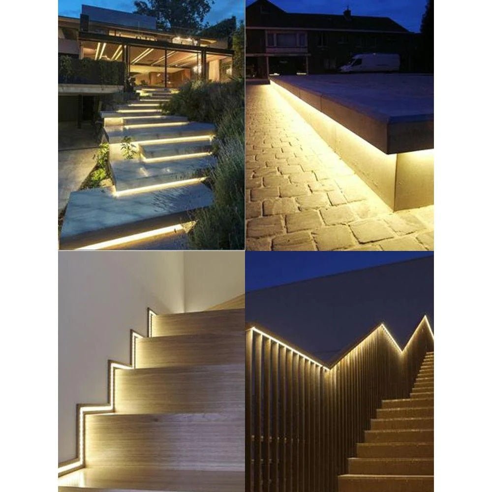 Collage of outdoor lighting fixtures on steps and walls at night.