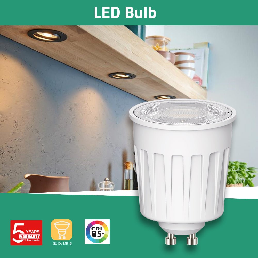 LED bulb with a home interior background featuring shelves and decor.