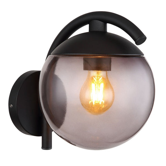 Black outdoor wall light fixture with a visible light bulb on a white background