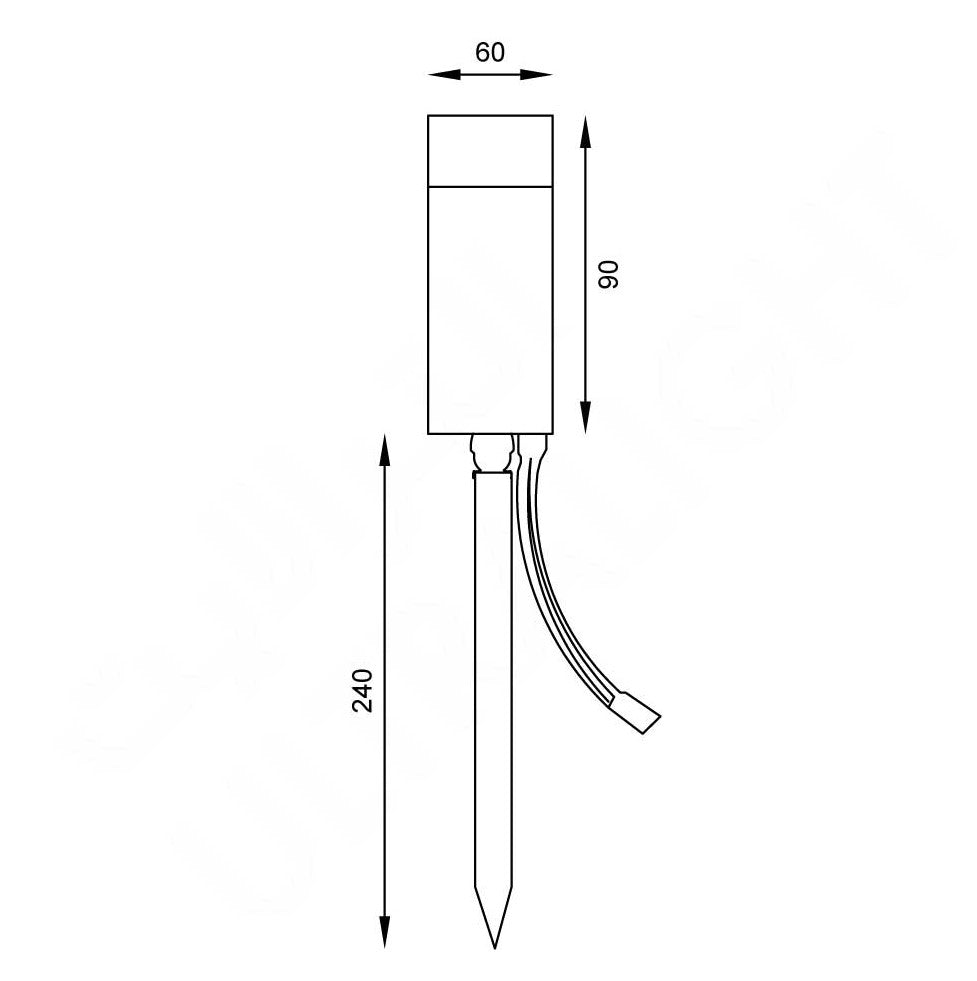 Technical drawing of a garden stake with dimensions labeled