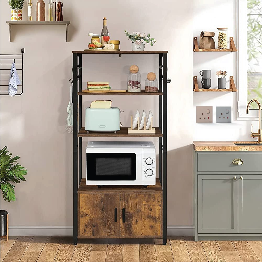 Kitchen shelf with microwave, toaster, and other items in a home setting.