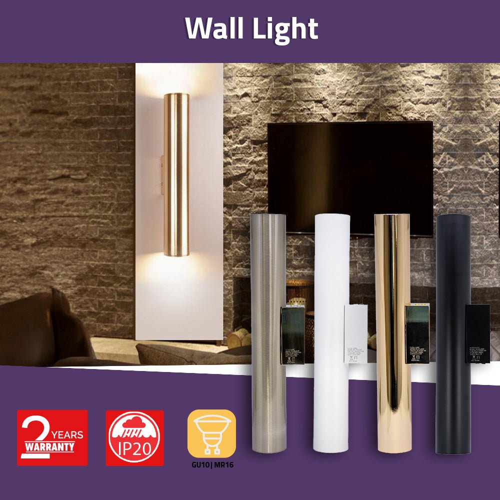 Wall lights with various finishes on a stone wall background