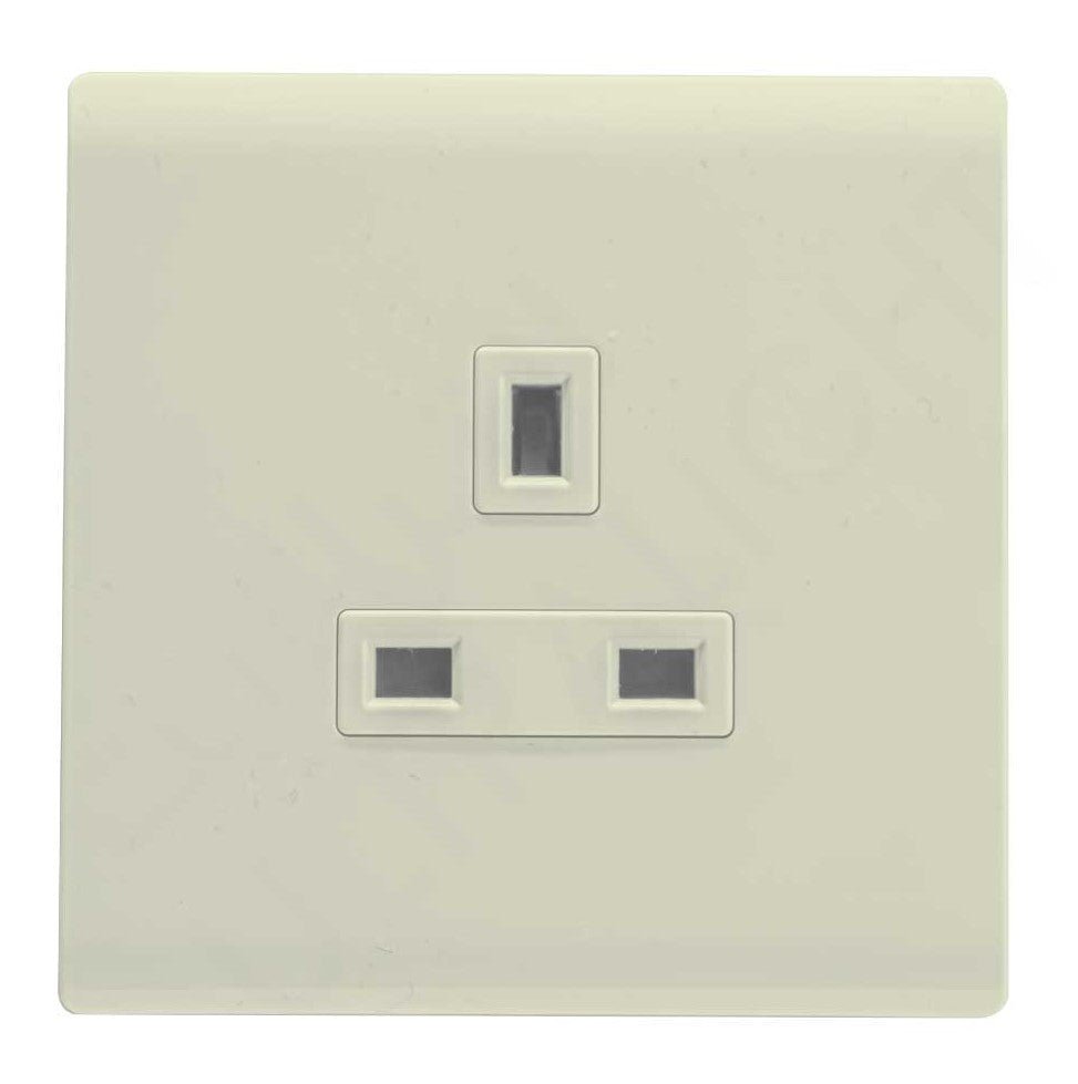 A white, double pole, wall mounted electrical socket