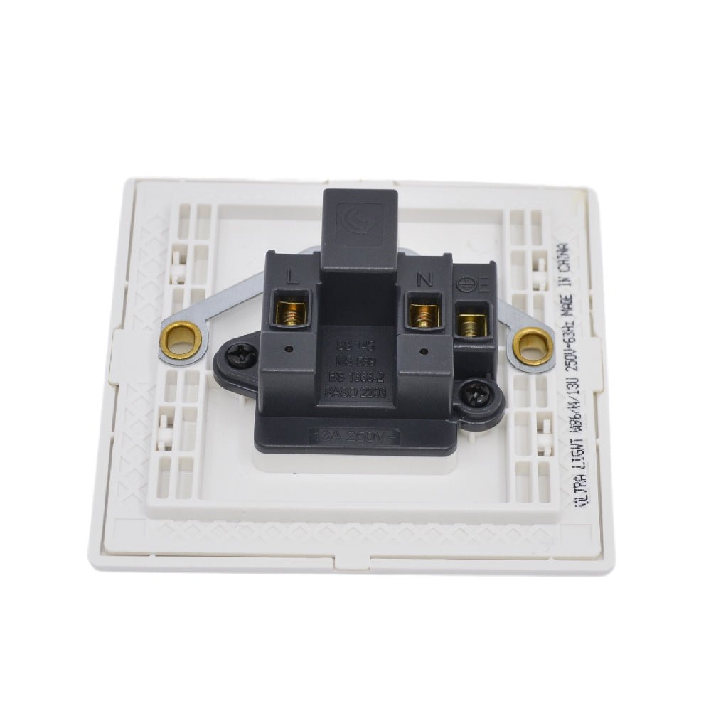 A white, double pole, wall mounted electrical socket