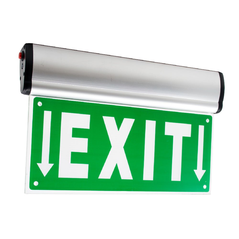 Green exit sign with white text and arrows on a white background