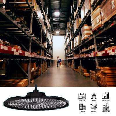 UltraLight LED High Bay Light with 5-Year Warranty (UTL-HD11) illuminating a large warehouse aisle.