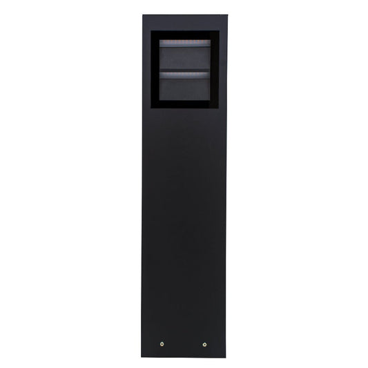 Black rectangular metal object with a small window on a white background