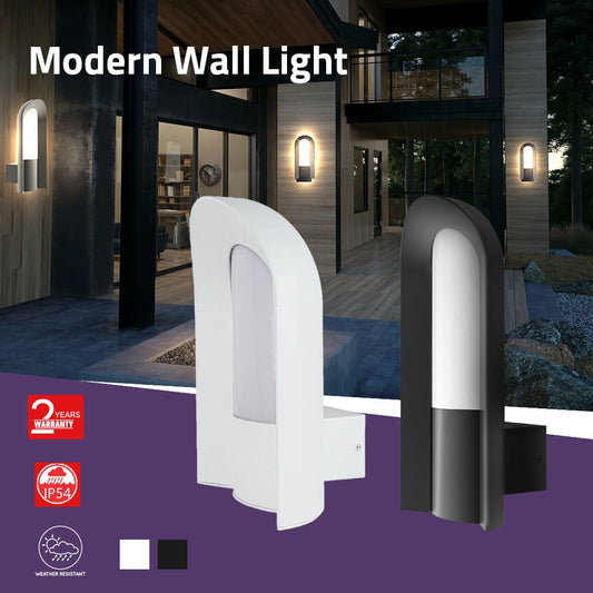Modern wall lights with a house exterior background, featuring warranty and IP54 ratings.