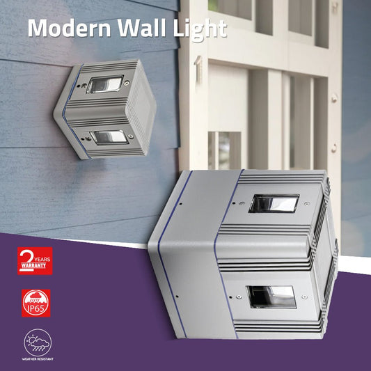 Modern wall light fixture on a wall with a building in the background