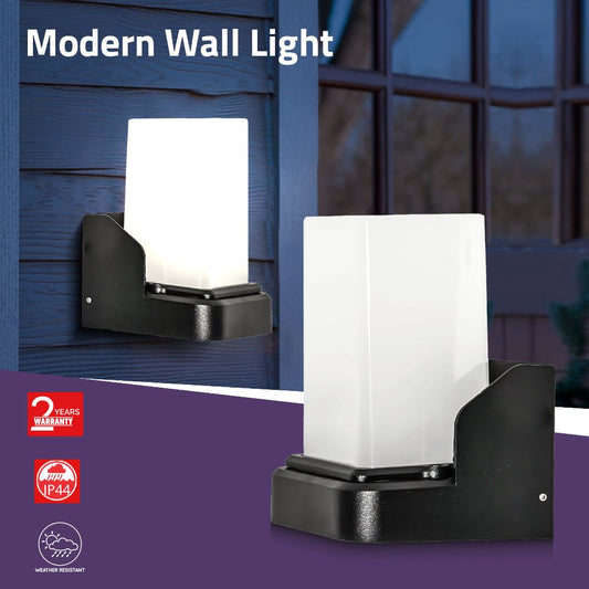 Modern wall lights with a warranty badge and IP rating on a purple background