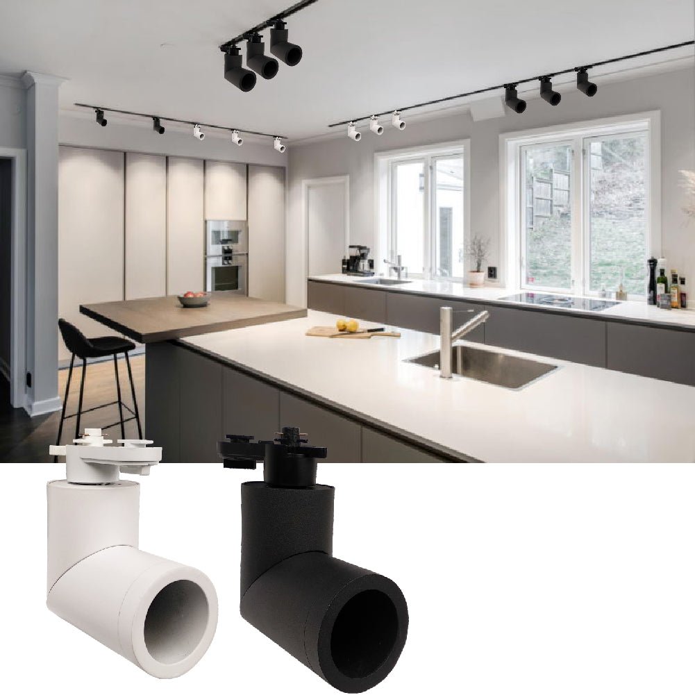 Modern kitchen with track lighting fixtures on a white background
